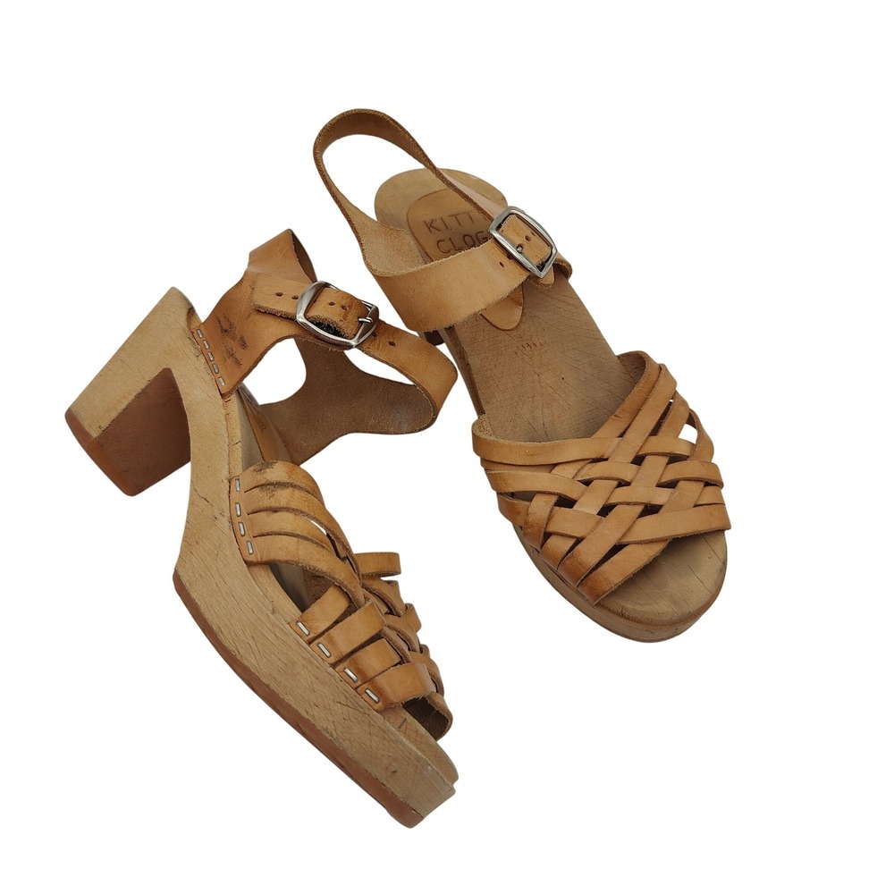 Kitty Clogs Sweden Wooden Platform Sandals Tan Leather Strap Buckle 37 US 6.5/7